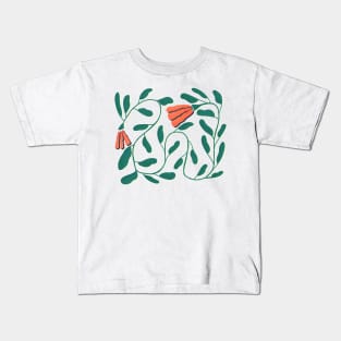 Simple Red Flowers on Vine with White Shadow Kids T-Shirt